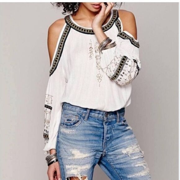 Free People Revolve give him the cold shoulder boho top Sz small in ivory - Picture 2 of 6